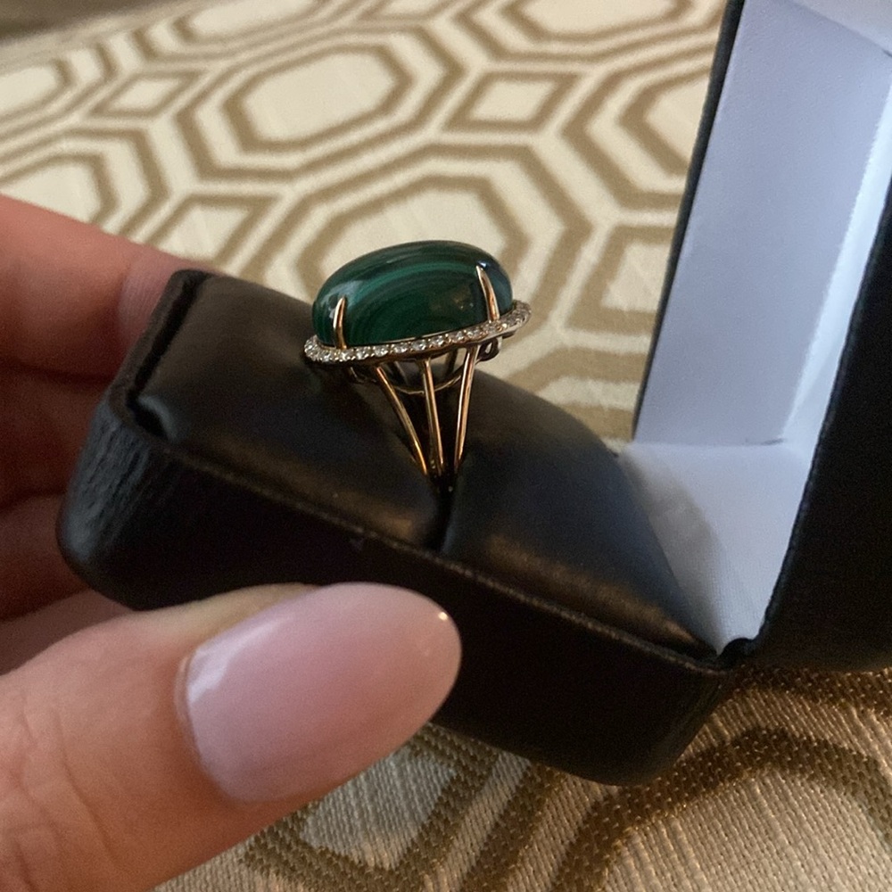 1980s Malachite 14kt Gold Ring With .50ct Diamonds, Approximate Size 7.5 - 8.5 - Picture 6 of 15